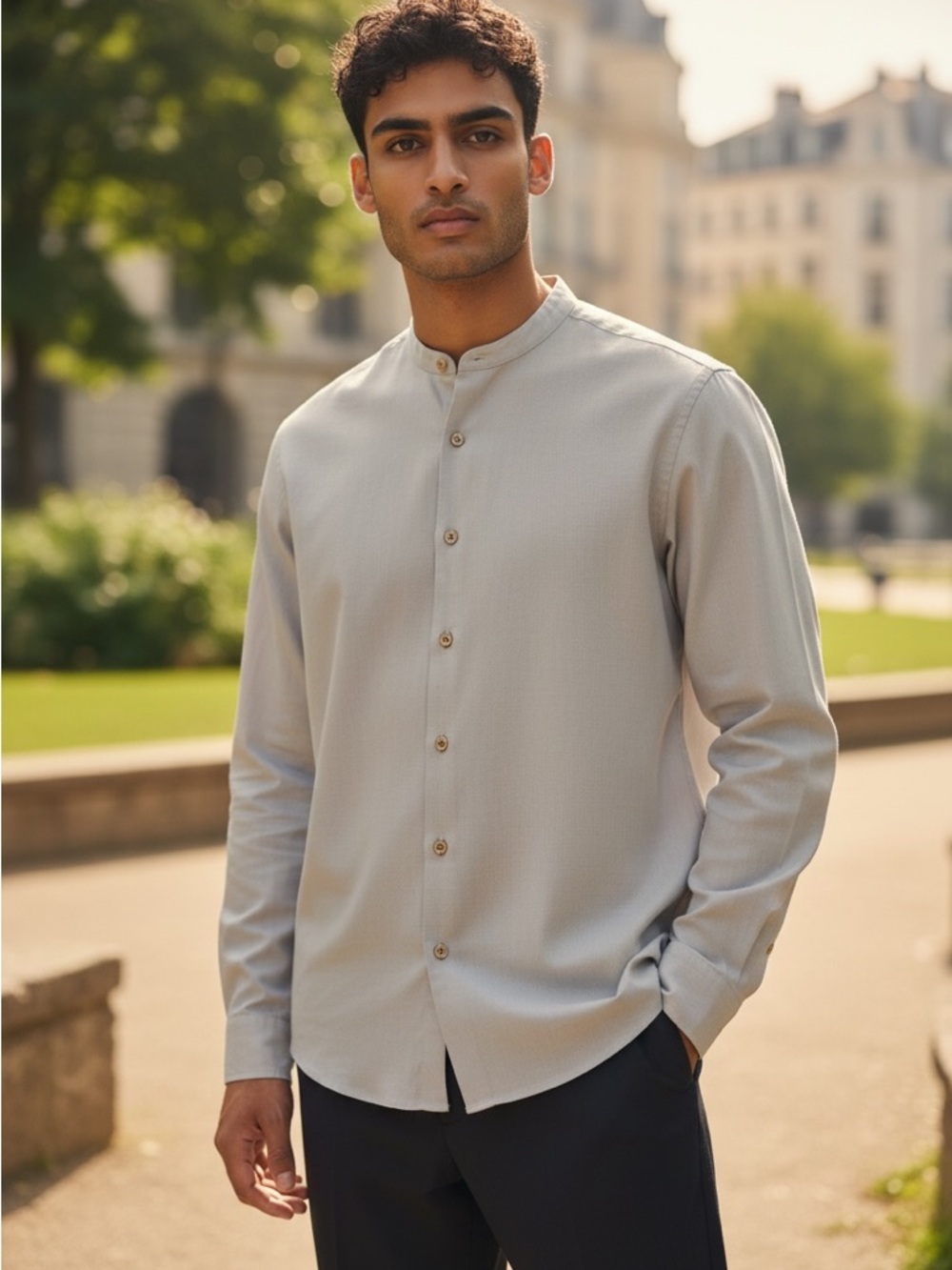 H&M Men's Mandarin Band‎ Collar Button-Up Shirt tan king sleeves cotton sz L